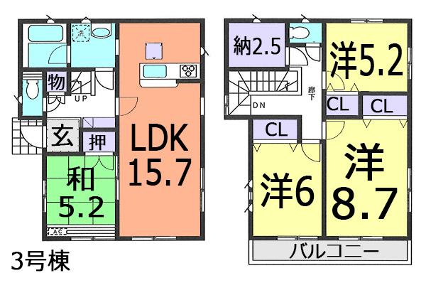 Floor plan. (3 Building), Price 27,800,000 yen, 4LDK+S, Land area 120.04 sq m , Building area 101.24 sq m