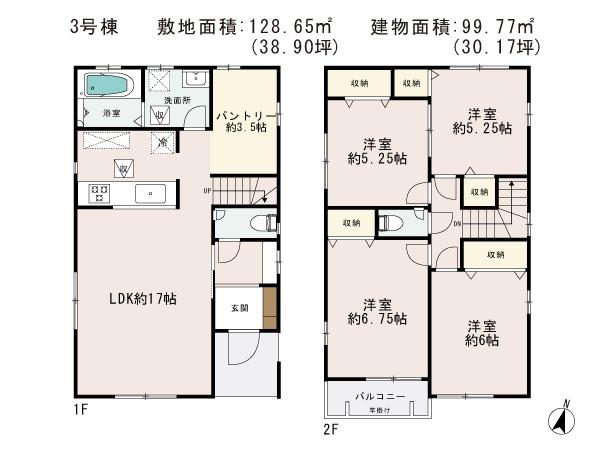 Floor plan. (3 Building), Price 30,900,000 yen, 4LDK, Land area 128.65 sq m , Building area 99.77 sq m