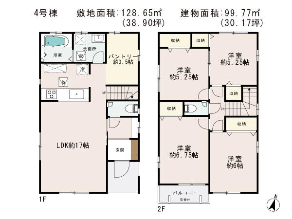 Floor plan. (4 Building), Price 31,900,000 yen, 4LDK, Land area 128.65 sq m , Building area 99.77 sq m