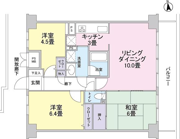 Floor plan. 3LDK, Price 10.8 million yen, Occupied area 64.97 sq m , Balcony area 10.22 sq m