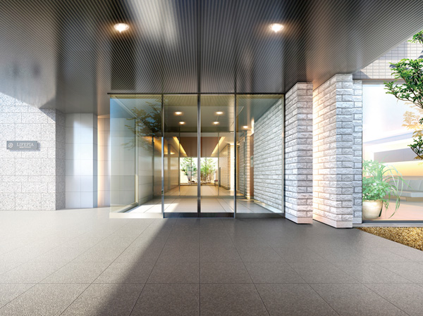Shared facilities.  [Entrance Rendering CG] Entrance is, Appearance a large canopy of square shape is impressive sophistication. Natural stone paste of floors and walls, There combined metallic material, Even in the modern in a profound sense of design, Natural warmth, Was the space of Yingbin felt the peace.