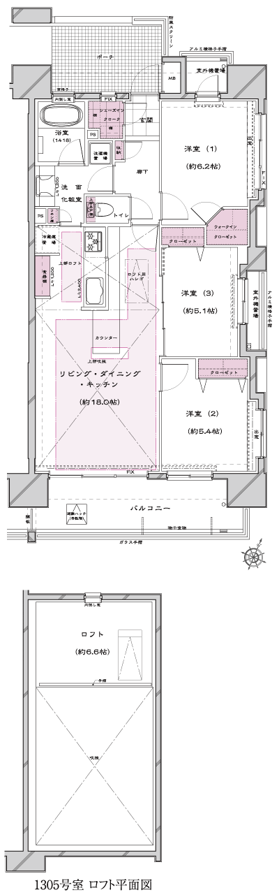 Floor: 3LDK + WIC + SIC + LOFT, occupied area: 74.86 sq m