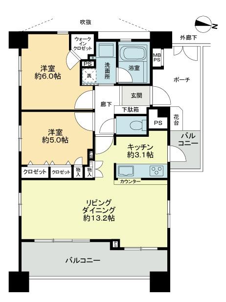 Floor plan. 2LDK, Price 29,800,000 yen, Occupied area 60.27 sq m , Balcony area 13.21 sq m