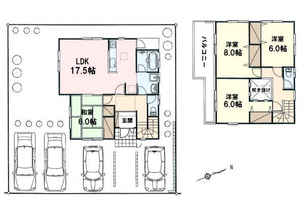 Floor plan. 42,800,000 yen, 4LDK, Land area 174.74 sq m , Building area 109.3 sq m ☆ Spacious 50 square meters or more of the site area ☆