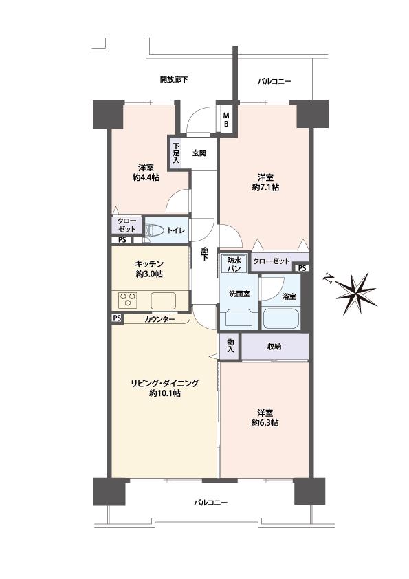 Floor plan. 3LDK, Price 19,980,000 yen, Occupied area 67.95 sq m , Balcony area 11.83 sq m