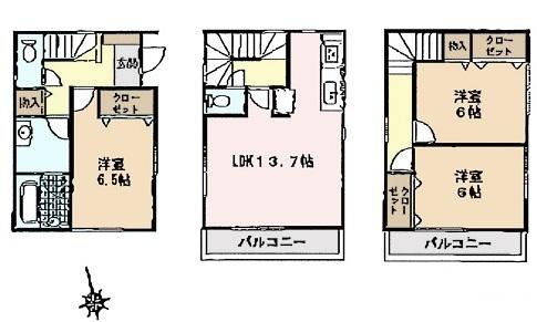 Floor plan. (3 Building), Price 30,800,000 yen, 3LDK, Land area 64.93 sq m , Building area 86.11 sq m