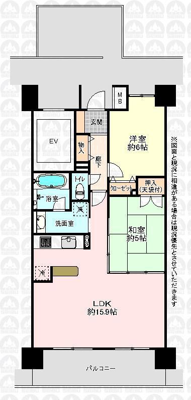 Floor plan. 2LDK, Price 16.7 million yen, Occupied area 59.43 sq m , Balcony area 9.6 sq m floor plan