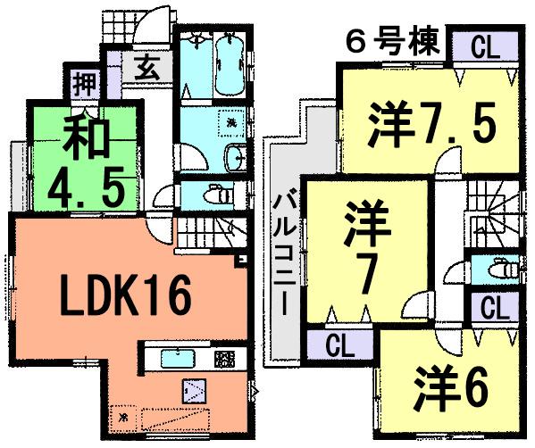 Floor plan. (6 Building), Price 34,800,000 yen, 4LDK, Land area 100.05 sq m , Building area 95.22 sq m