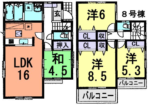 Floor plan. (8 Building), Price 35,800,000 yen, 4LDK, Land area 100.09 sq m , Building area 96.05 sq m