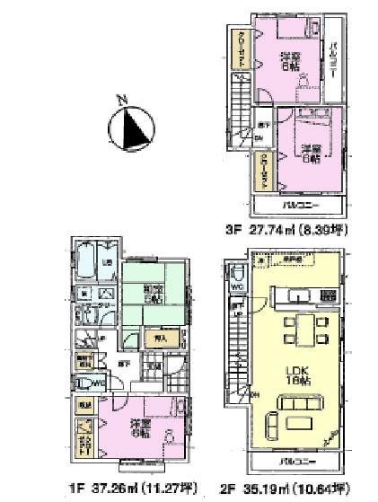 Floor plan. (3 Building), Price 27,800,000 yen, 4LDK, Land area 121.75 sq m , Building area 100.19 sq m
