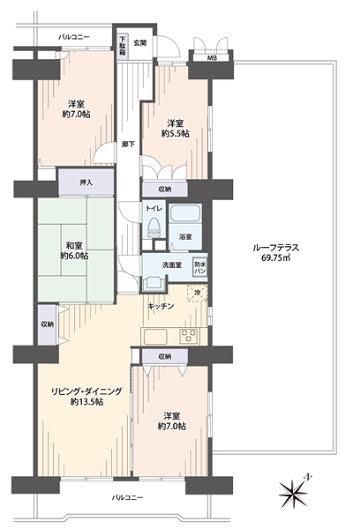 Floor plan. 4LDK, Price 19,800,000 yen, Footprint 95.6 sq m , There is also a balcony area 9.91 sq m 69.75 sq m is equipped with roof balcony.