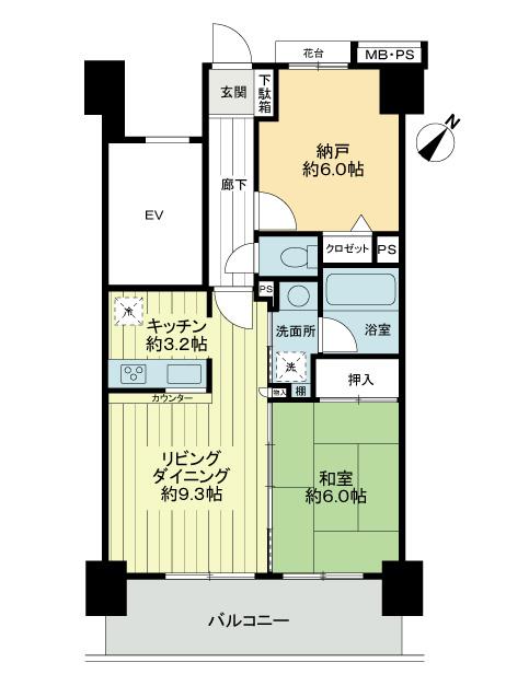 Floor plan. 1LDK + S (storeroom), Price 17.8 million yen, Footprint 53.4 sq m , Balcony area 9.6 sq m