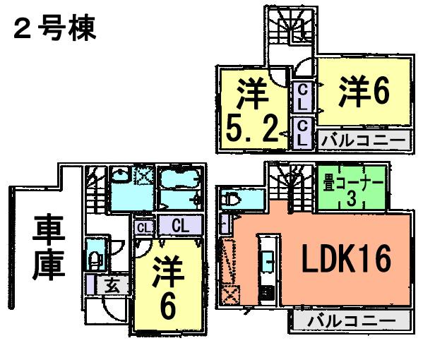 Floor plan. (Building 2), Price 23.8 million yen, 3LDK, Land area 67.76 sq m , Building area 101.84 sq m