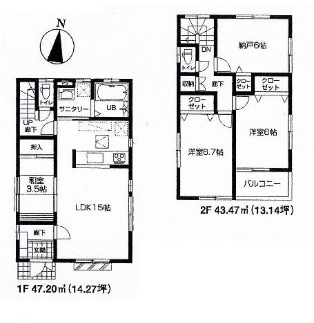 Floor plan. (Building 2), Price 31,800,000 yen, 3LDK+S, Land area 102.43 sq m , Building area 90.67 sq m