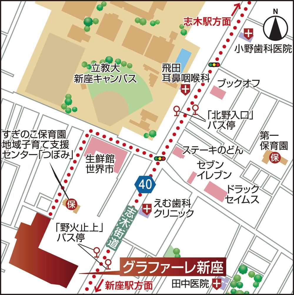 Local guide map. Enter the mark a sign of super "fresh museum world city" from Shiki highway, Please turn left the sign of "Mei and Niiza". 