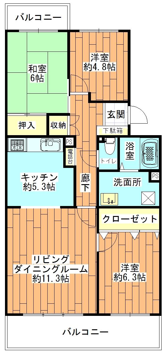 Floor plan. 3LDK, Price 14.8 million yen, Occupied area 77.76 sq m , Balcony area 11.35 sq m