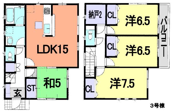 Floor plan. (3 Building), Price 29,800,000 yen, 4LDK+S, Land area 100.09 sq m , Building area 96.79 sq m