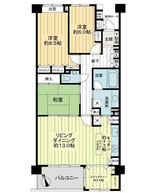 Floor plan. 3LDK, Price 34,800,000 yen, Occupied area 97.12 sq m , Balcony area 8 sq m