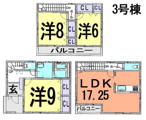 Floor plan. (3 Building), Price 27,800,000 yen, 3LDK, Land area 75.28 sq m , Building area 99.78 sq m