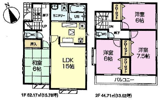 Floor plan. (6 Building), Price 44,800,000 yen, 4LDK, Land area 100.08 sq m , Building area 96.88 sq m