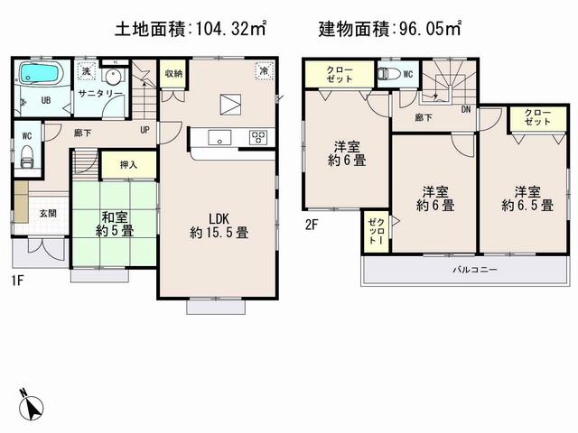 Floor plan. (5 Building), Price 37,800,000 yen, 4LDK, Land area 104.32 sq m , Building area 96.05 sq m