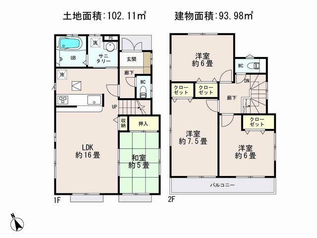 Floor plan. (1 Building), Price 35,800,000 yen, 4LDK, Land area 102.11 sq m , Building area 93.98 sq m