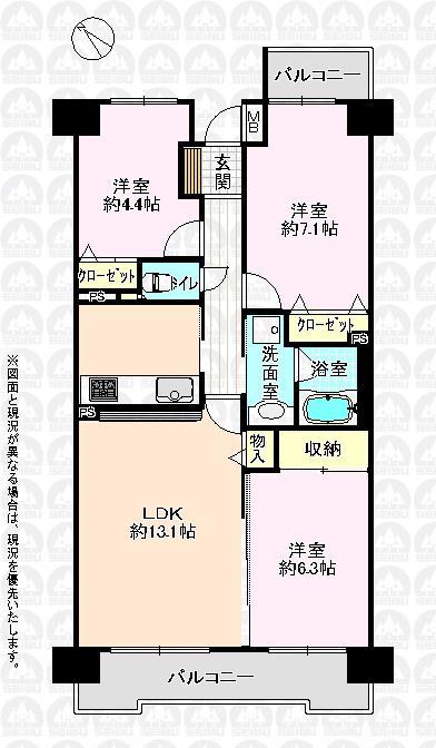 Floor plan. 3LDK, Price 19,980,000 yen, Occupied area 67.95 sq m , Balcony area 11.83 sq m