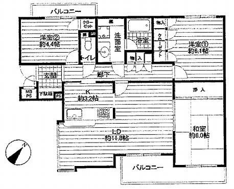 Floor plan. 3LDK, Price 14.8 million yen, Occupied area 73.24 sq m , Balcony area 8.59 sq m