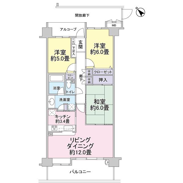 Floor plan. 3LDK, Price 20.8 million yen, Occupied area 72.76 sq m , Balcony area 12.4 sq m