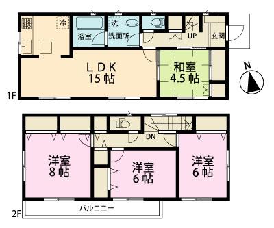Floor plan. (Building 2), Price 30,800,000 yen, 4LDK, Land area 145.15 sq m , Building area 96.79 sq m