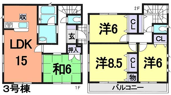 Floor plan. (3 Building), Price 35,800,000 yen, 4LDK, Land area 133.06 sq m , Building area 97.6 sq m