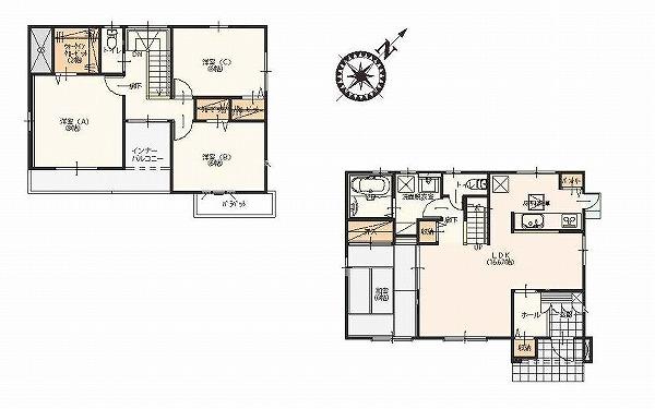 Floor plan. 32,800,000 yen, 4LDK, Land area 142.6 sq m , Building area 106.66 sq m whole room with storage (2F main bedroom WIC of 2 Pledge), Entrance hall and kitchen, 1 building of the storage enhancement provided also housed in the basin / Floor plan