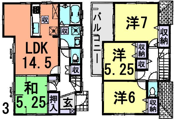 Floor plan. (3 Building), Price 28.8 million yen, 4LDK, Land area 113.8 sq m , Building area 92.98 sq m