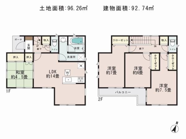 Floor plan. 28.8 million yen, 4LDK, Land area 96.26 sq m , Building area 92.74 sq m