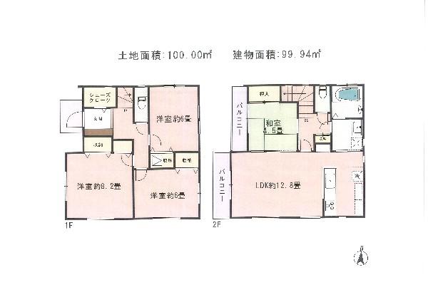 Floor plan. 44,800,000 yen, 4LDK, Land area 100 sq m , Building area 99.94 sq m