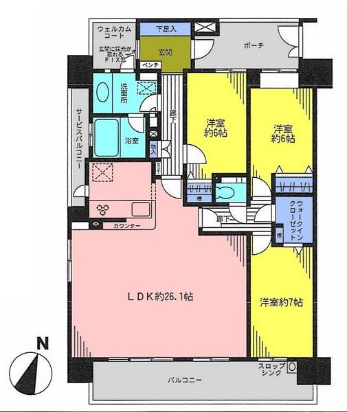 Floor plan. 3LDK, Price 32.7 million yen, Footprint 100 sq m , Balcony area 15.6 sq m