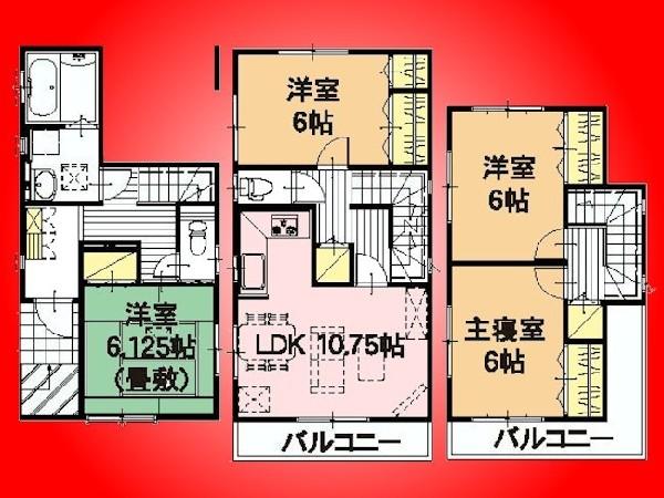Floor plan. 31,900,000 yen, 4LDK, Land area 72 sq m , Building area 94.46 sq m three-way corner lot of 4LDK all rooms 6 quires more, Balcony two places. There is storage in the three times