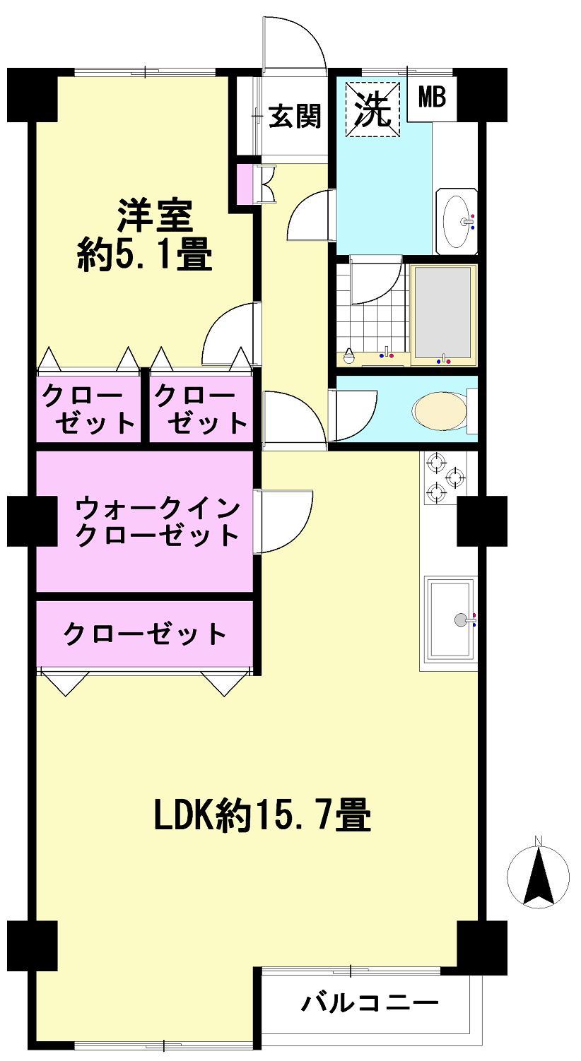 Floor plan. 1LDK, Price 13.8 million yen, Occupied area 62.37 sq m , Balcony area 2.43 sq m