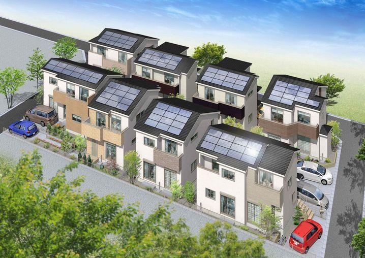 Rendering (appearance). Newly built condominiums all eight buildings all building solar panels installed. ※ Image Perth this illustration which was raised to draw on the basis of the drawings, Actually is can differ.