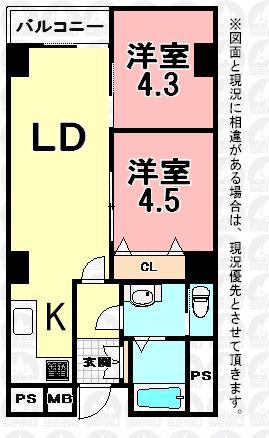 Floor plan. 2LDK, Price 16.5 million yen, Occupied area 45.02 sq m , Balcony area 3.24 sq m