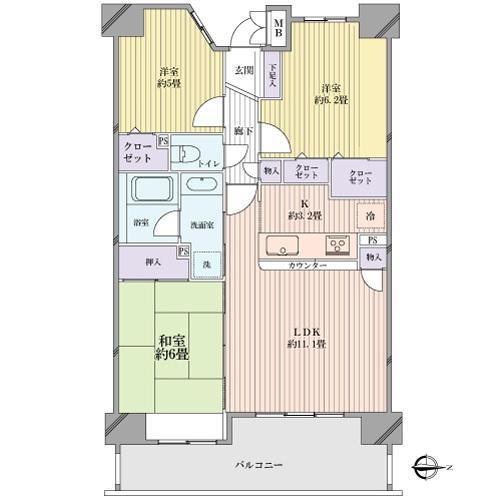 Floor plan. 3LDK, Price 24,800,000 yen, Occupied area 70.24 sq m , Balcony area 12.13 sq m