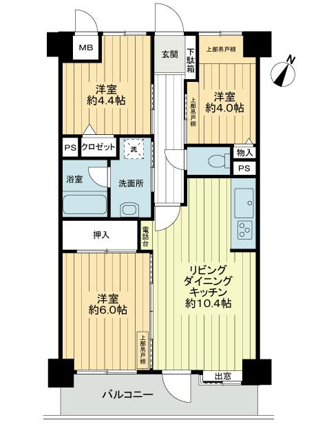 Floor plan. 3LDK, Price 13.5 million yen, Footprint 58 sq m , Balcony area 7.54 sq m 3LDK