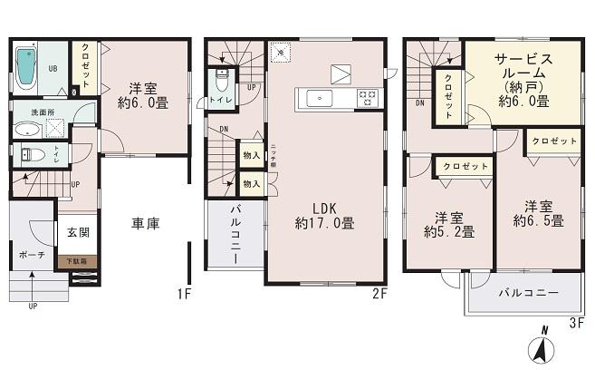 Floor plan. (3 Building), Price 35,800,000 yen, 3LDK+S, Land area 73.78 sq m , Building area 114.88 sq m