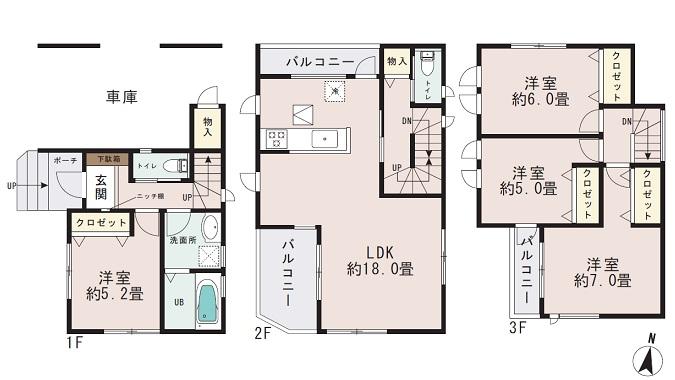 Floor plan. (Building 2), Price 37,800,000 yen, 4LDK, Land area 73.78 sq m , Building area 117.58 sq m
