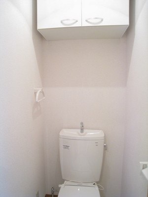 Toilet. Is housed and towels over glad toilet