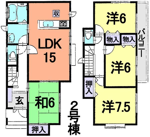 Floor plan. (Building 2), Price 37,800,000 yen, 4LDK, Land area 104.69 sq m , Building area 96.46 sq m
