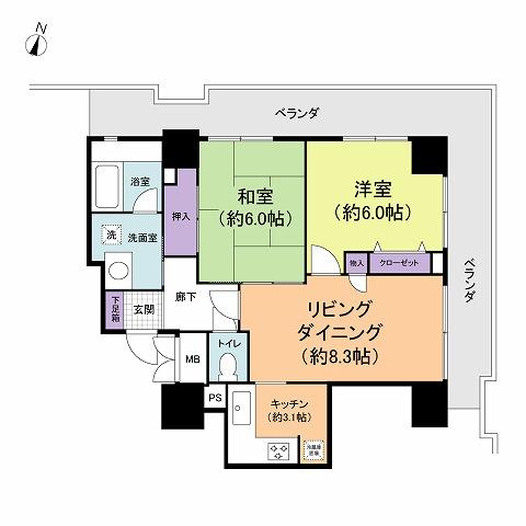 Floor plan. 2LDK, Price 24,800,000 yen, Occupied area 55.76 sq m , Balcony area 20.72 sq m