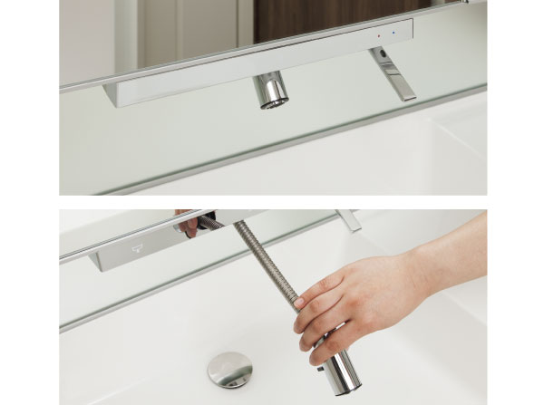 Bathing-wash room.  [Float line faucet (above the water discharge)] Eliminate the rising of the faucet water stain is anxious. Available from the top to not bend down because the water comes out, It is also possible to draw a head.