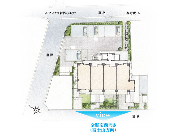 Shared facilities.  [Room of the three-way contact road a site shape] (site ・ Dwelling unit placement illustrations)