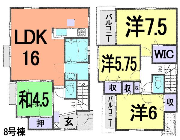 Floor plan. (8 Building), Price 38,800,000 yen, 4LDK, Land area 104.54 sq m , Building area 94.81 sq m
